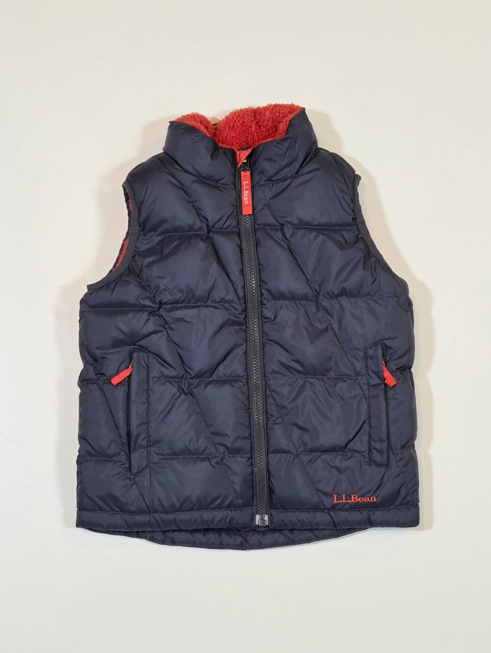 LL Bean Downtek Fleece Lined Down Puffer Vest Boys M 5/6 Blue Orange Kids
